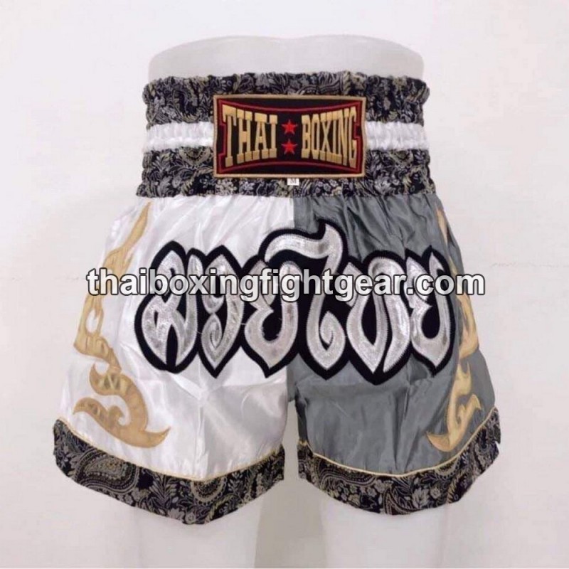 Muay Thai Shorts Thaiboxing Kindergröße "Weiß Grau" Thai Boxing - 1